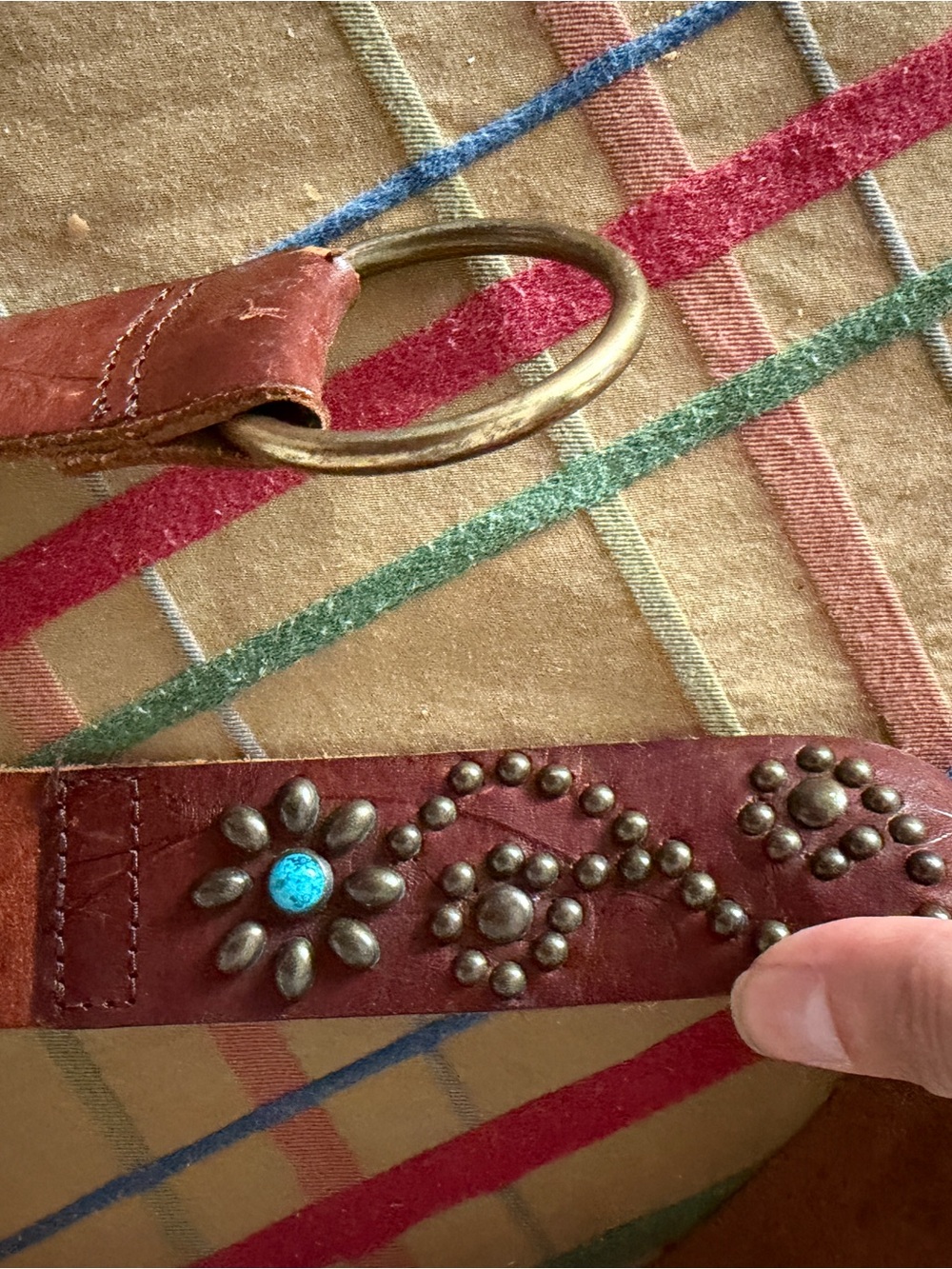 Women's Studded Leather Belt with Turquoise Accents - Brown - Picture 4 of 8